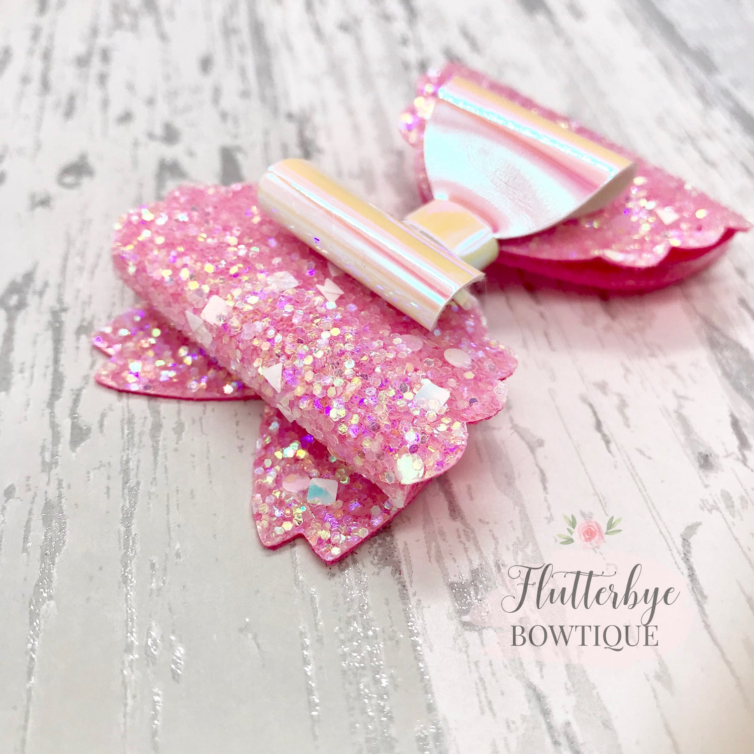 Iridescent Glitter and Mirror Scalloped Double Bow - Flutterbye Bowtique