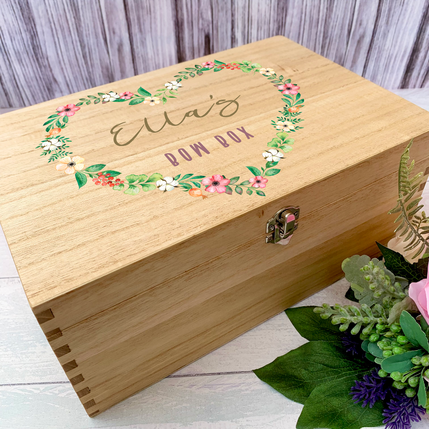 Floral Heart Bow Box, personalised wooden box