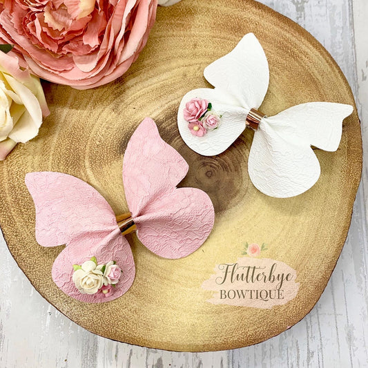 Lace Leatherette Butterfly Hair Clip, Floral Butterflies bow - Flutterbye Bowtique