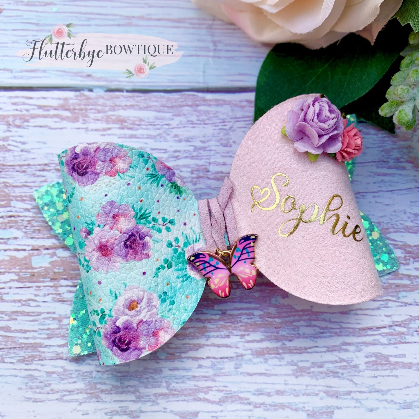 Mint Floral Hair Clips, Butterfly Charm bow