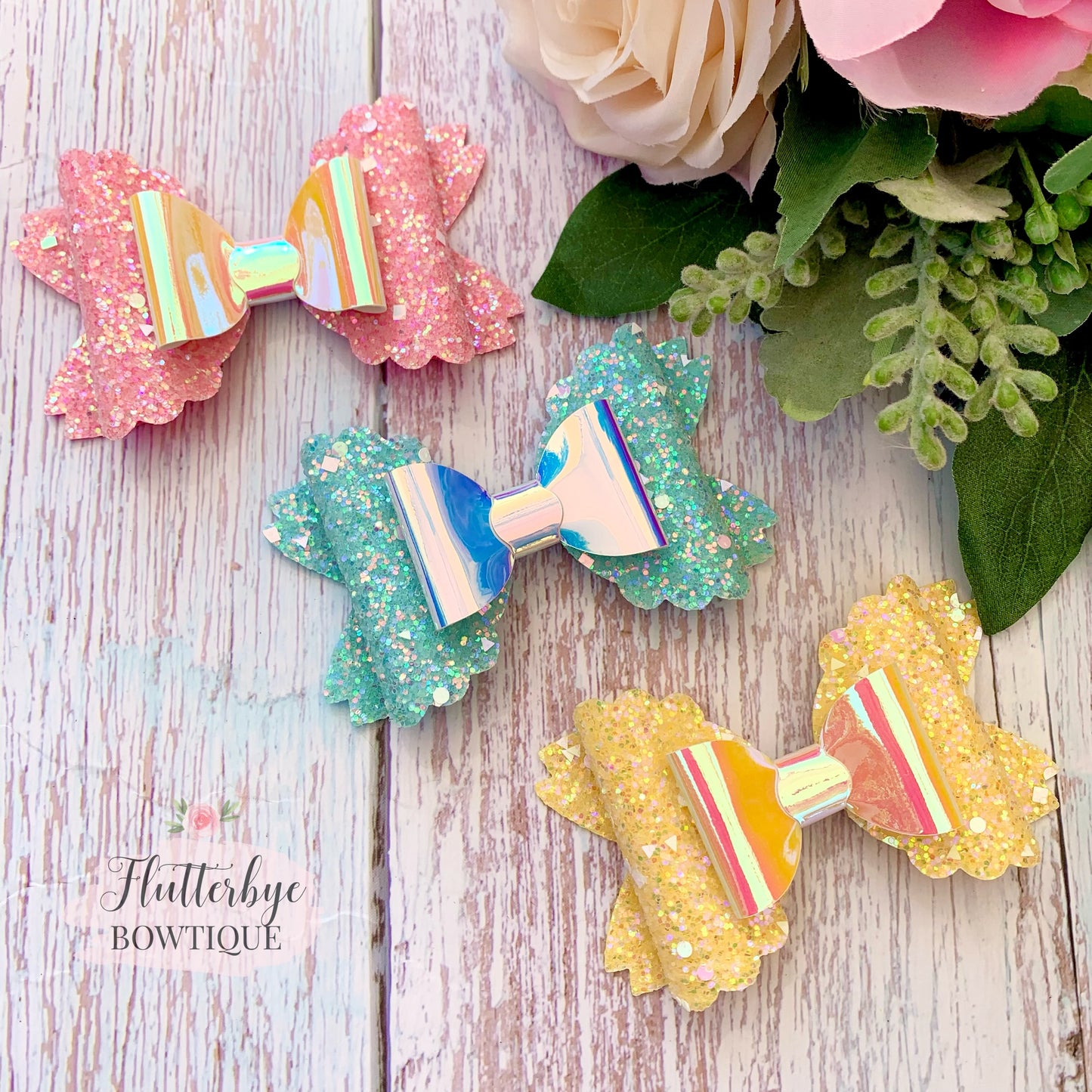 Iridescent Glitter and Mirror Scalloped Double Bow