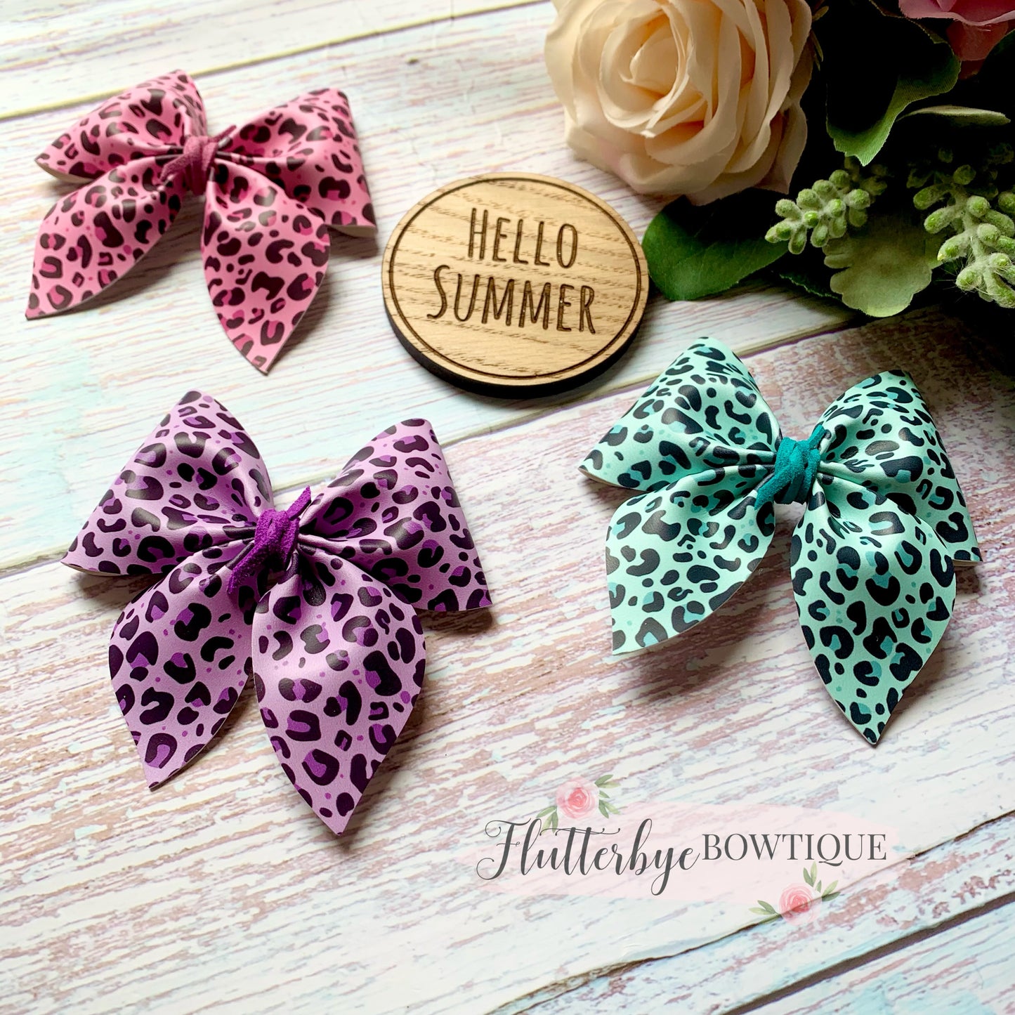 Bright Leopard Party Pinch Hair Bow, Animal Print Leather