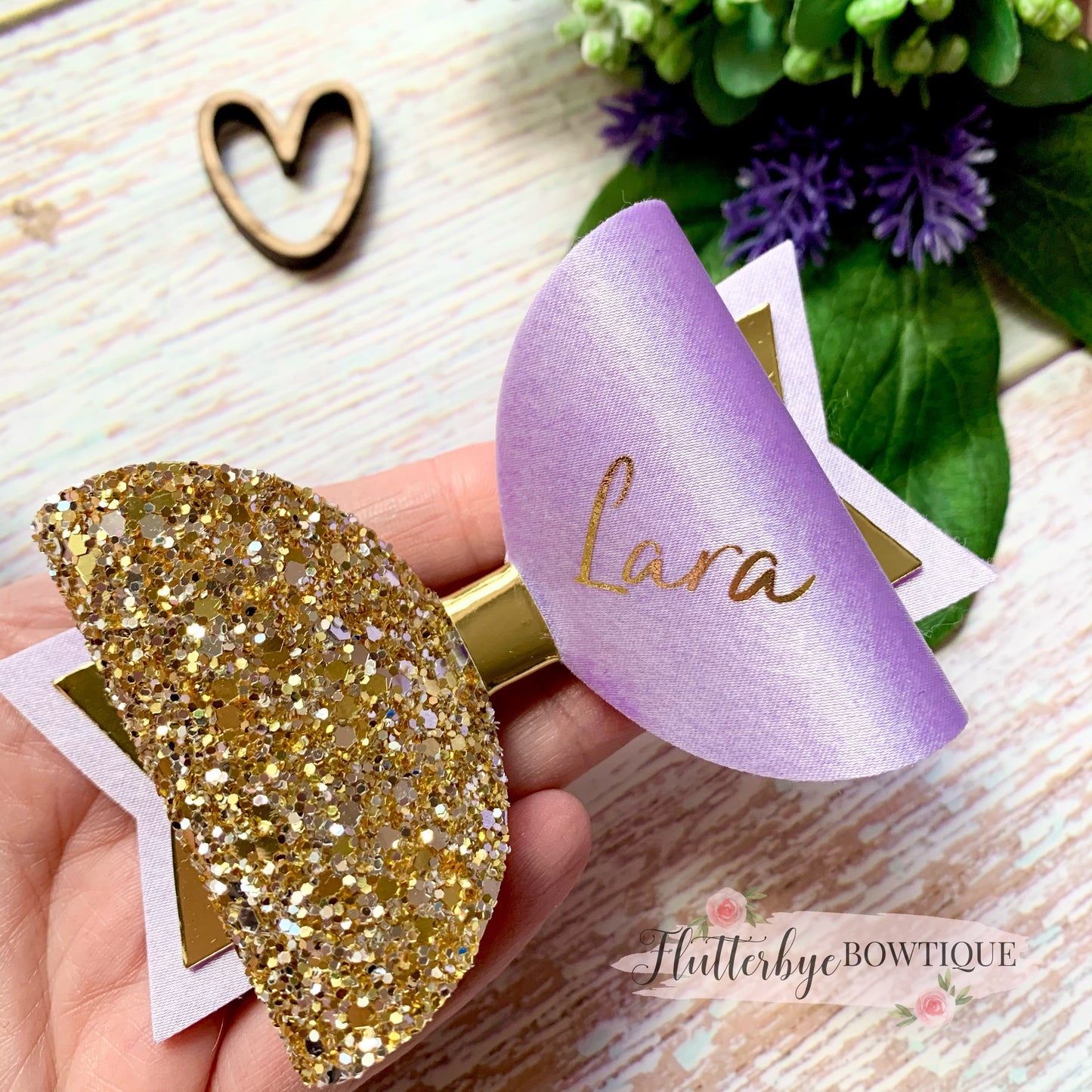 Personalised Lilac Satin Bow, Gold Glitter Name Bow