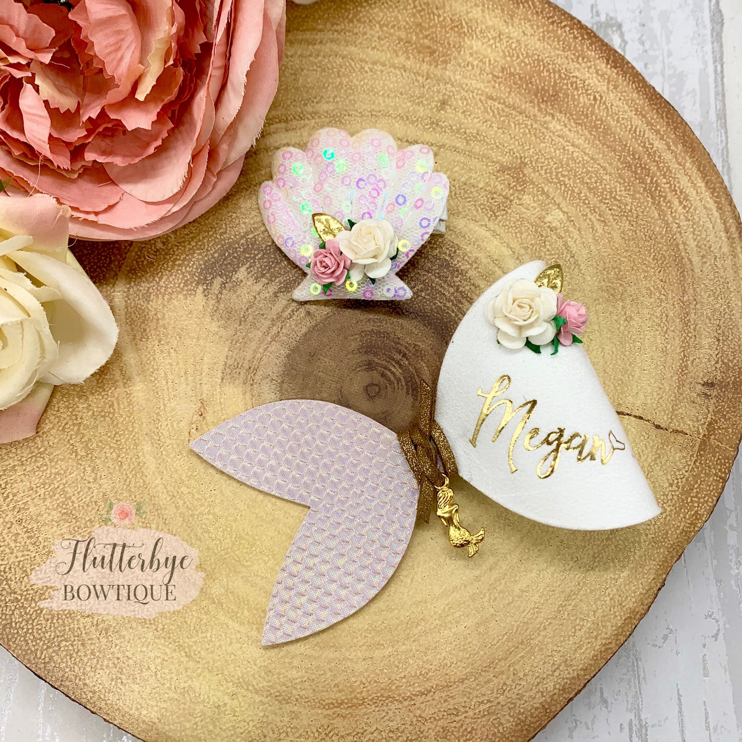 Personalised Mermaid Hair Bow and Shell clip set - Flutterbye Bowtique