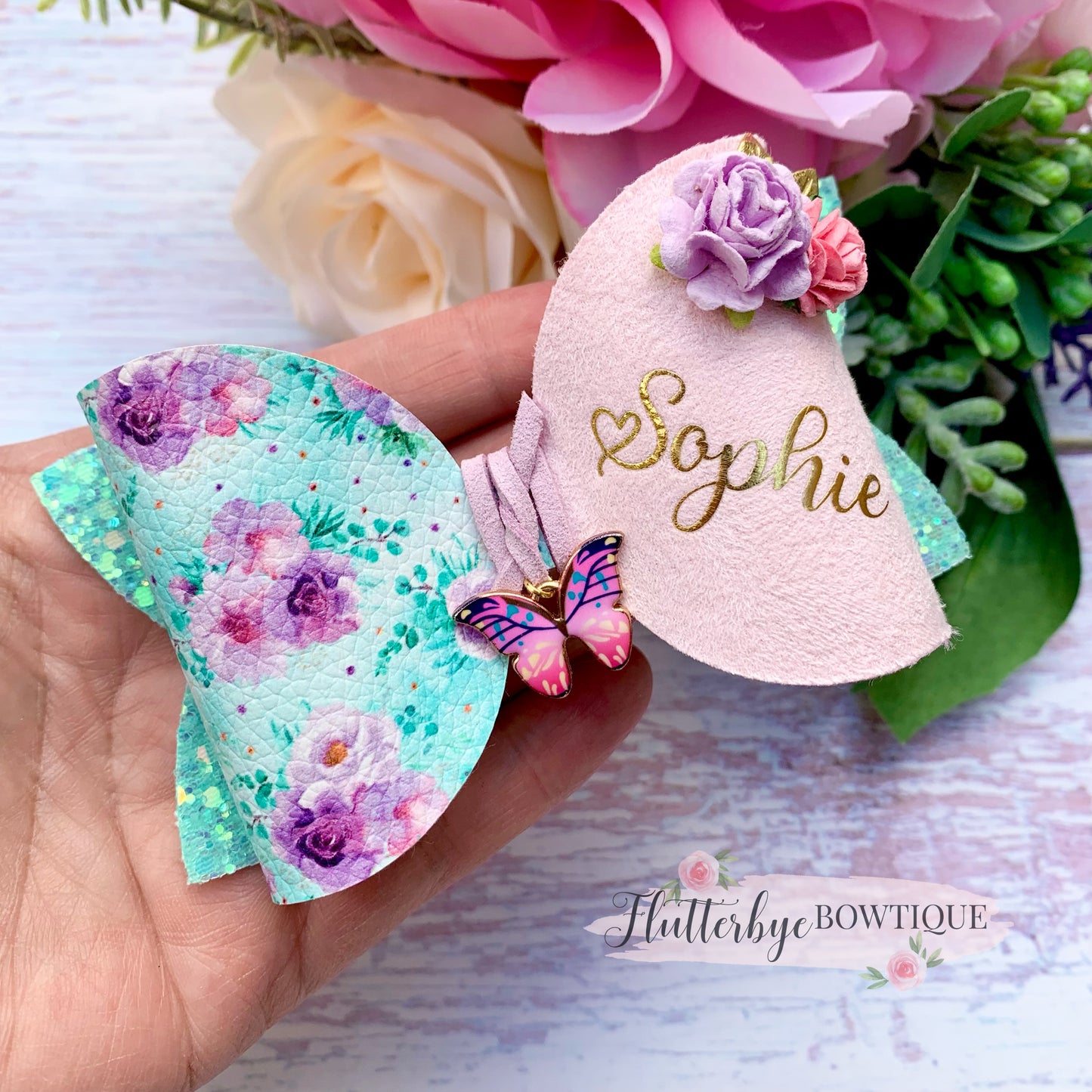 Mint Floral Hair Clips, Butterfly Charm bow
