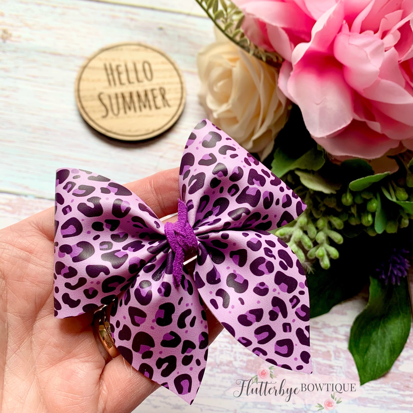 Bright Leopard Party Pinch Hair Bow, Animal Print Leather