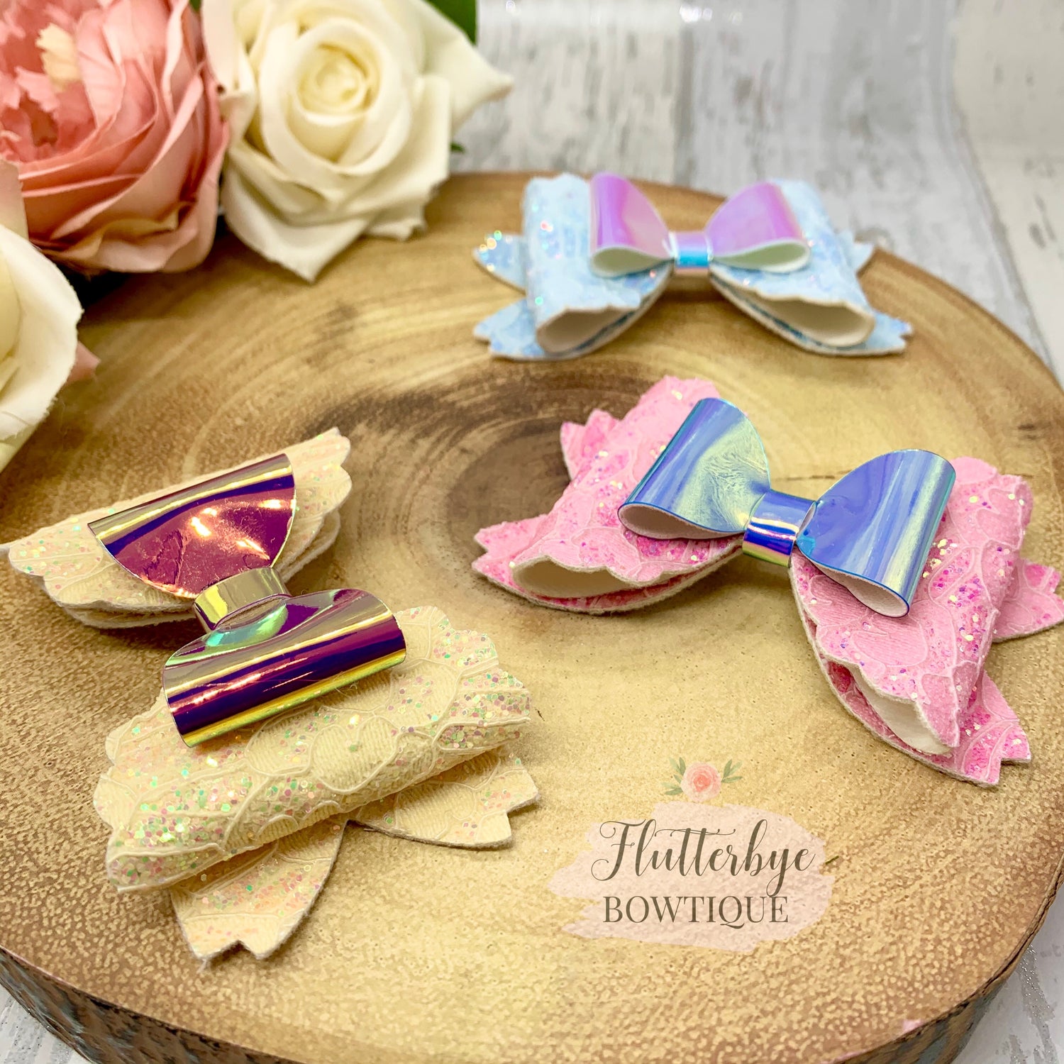 Iridescent Glitter Lace and Mirror Scalloped Double Bow - Flutterbye Bowtique