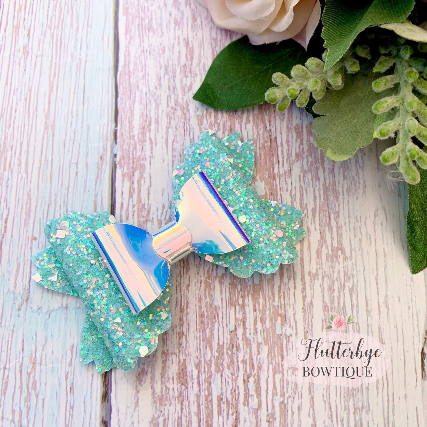 Iridescent Glitter and Mirror Scalloped Double Bow