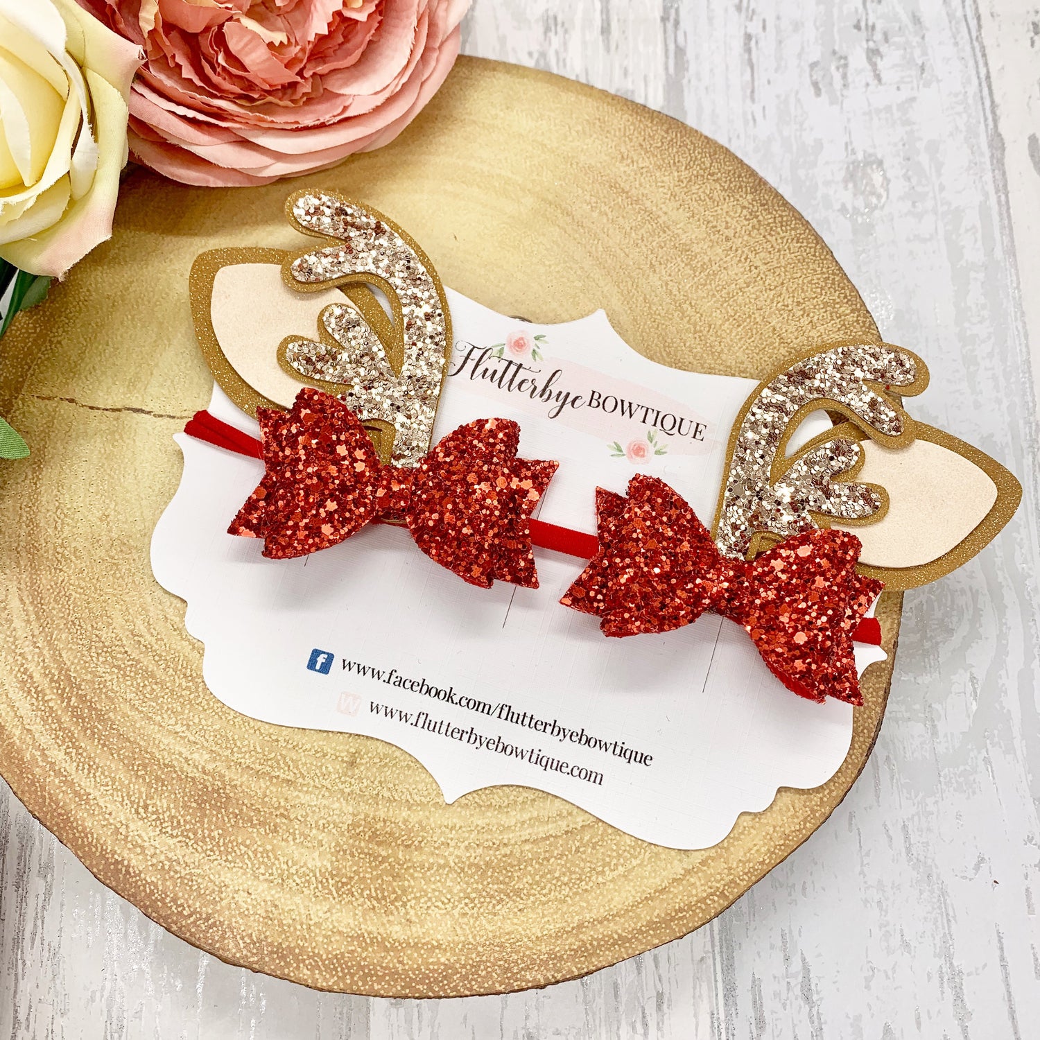Reindeer Ear Piggies, Antler bow set - Flutterbye Bowtique
