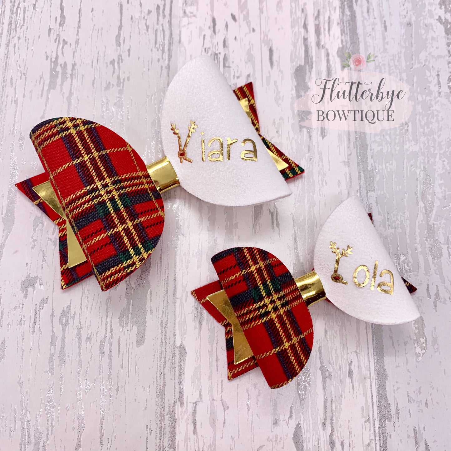 Personalised Tartan Christmas Bow, reindeer Name Bow - Flutterbye Bowtique