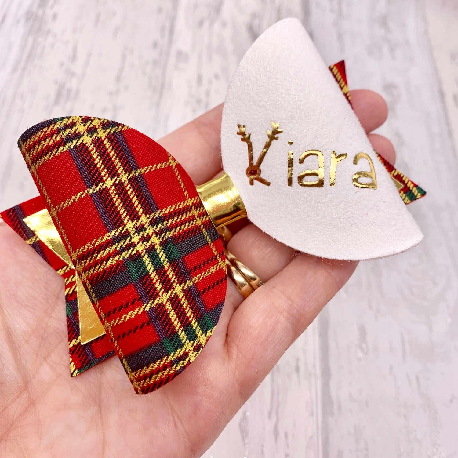Personalised Tartan Christmas Bow, reindeer Name Bow - Flutterbye Bowtique