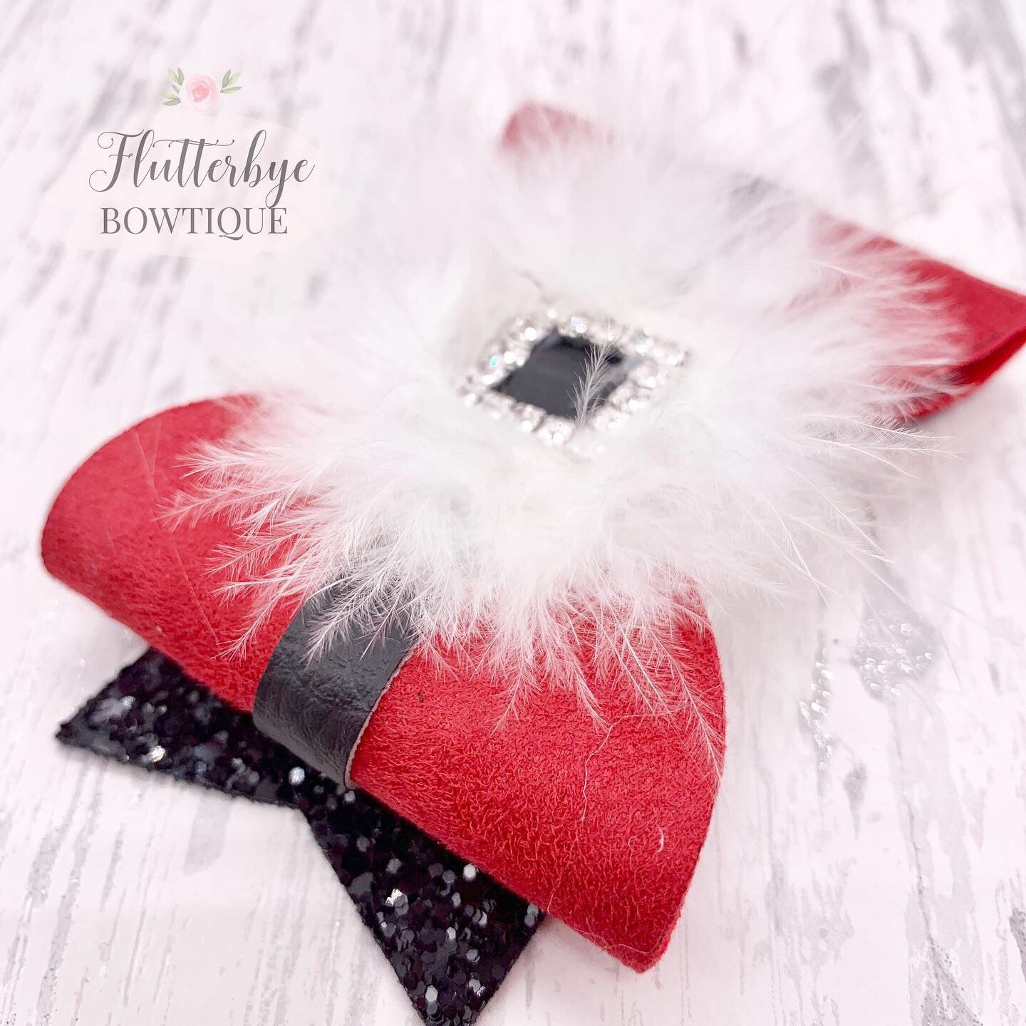 Marabou Santa Hair Bow, Santa's Belt Clip - Flutterbye Bowtique