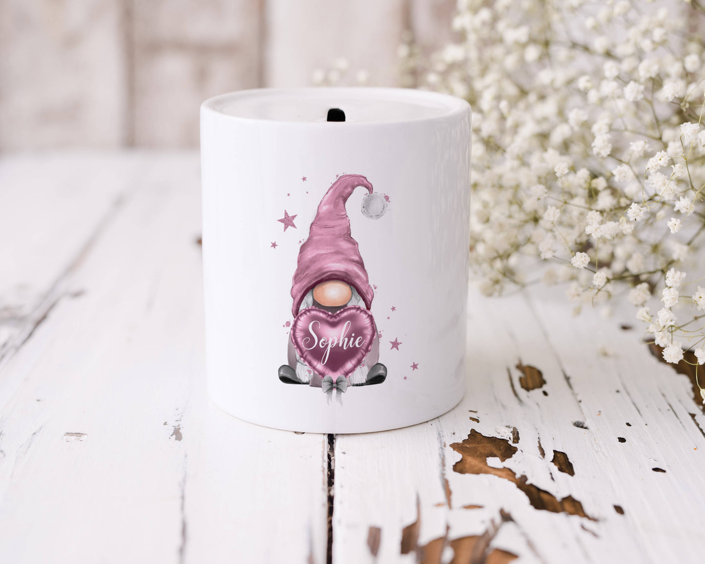 Personalised Pink Gnome Money Box